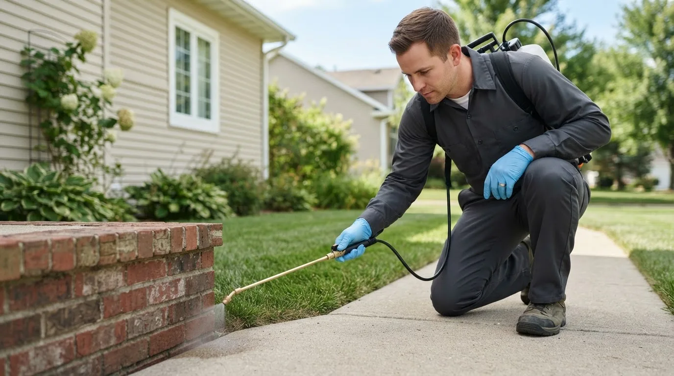 Pest control technician treating a home near Stafford, OH