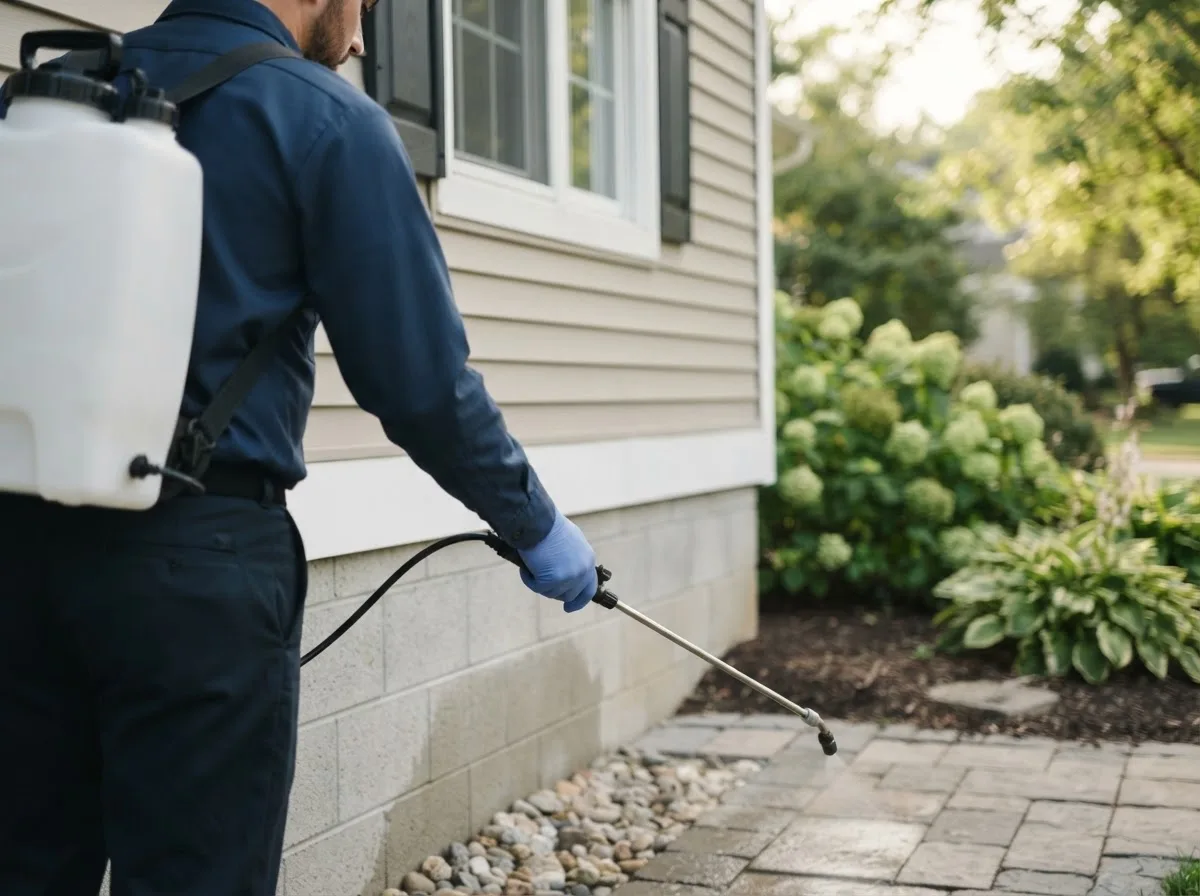 Pest control technician inspecting a home in Stafford, OH
